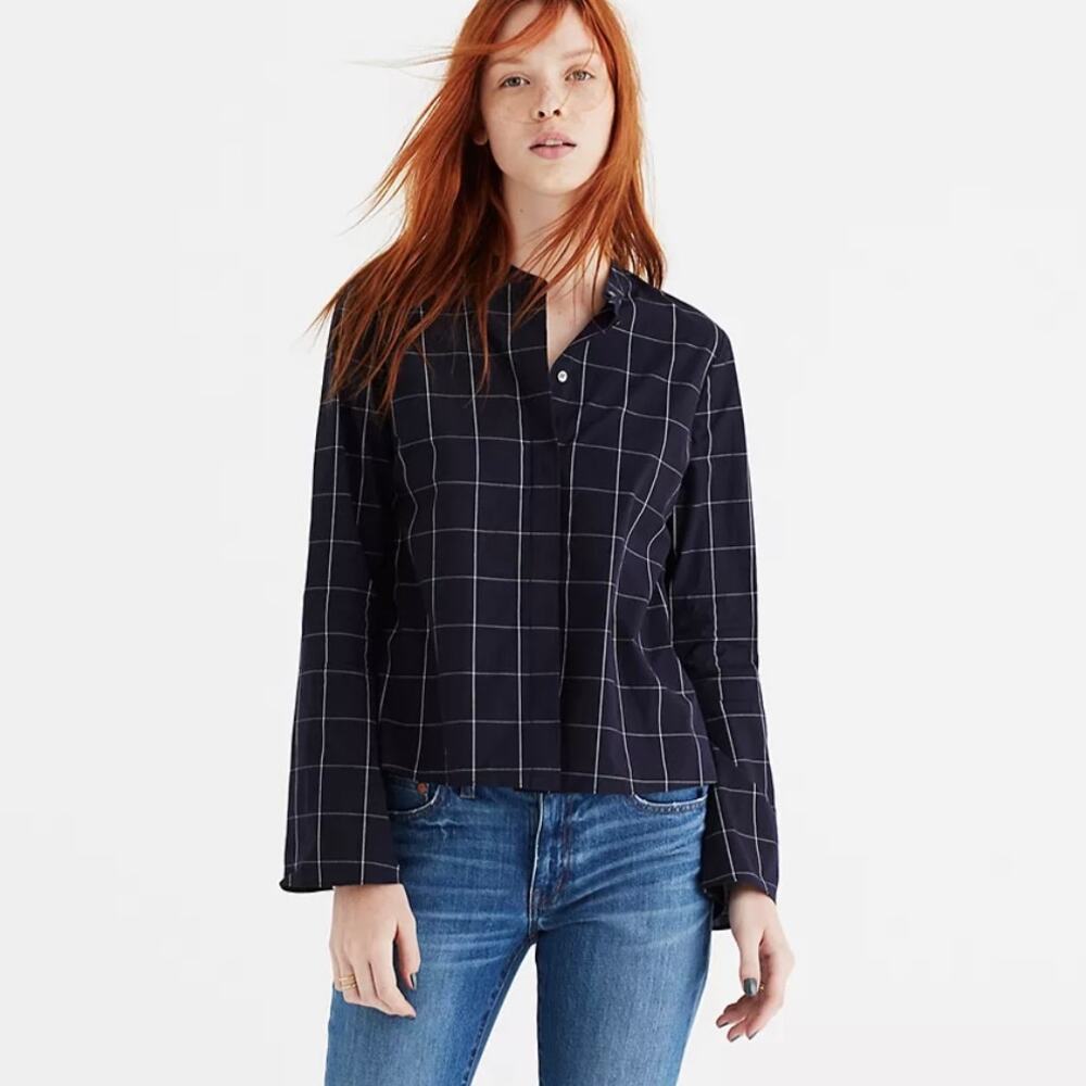 Madewell Windowpane Bell Sleeve Shirt XXS Blue White 100% Cotton